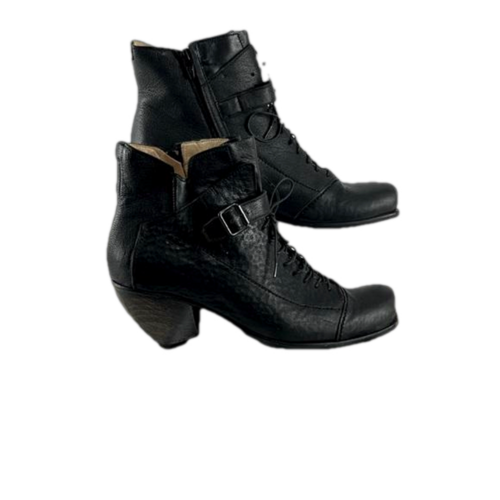 Roda Italian-Made Witchy Black Leather Boots w/ Geometric Wooden Block Heels